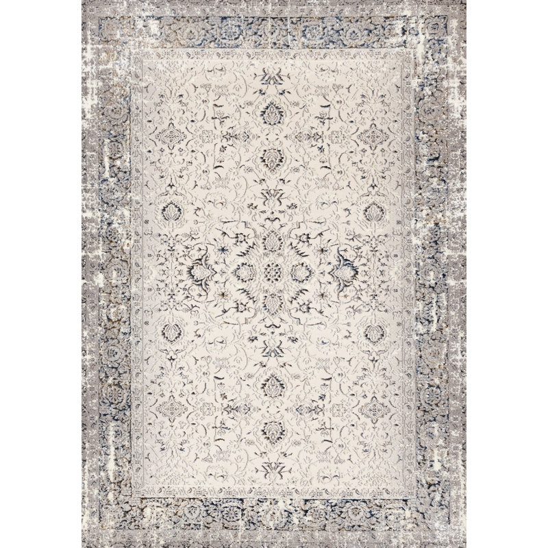 Tapis d'intérieur traditionnel gris et blanc Daiji, Rectangle 5 pi 3 po x 7 pi 7 po