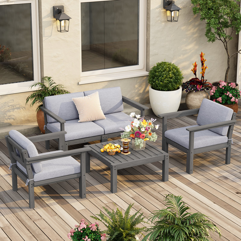 Ensemble de conversation modulaire de patio pour 4 personnes avec coussins, ensemble de conversation 5 pièces imperméable toutes saisons pour l'extérieur, gris