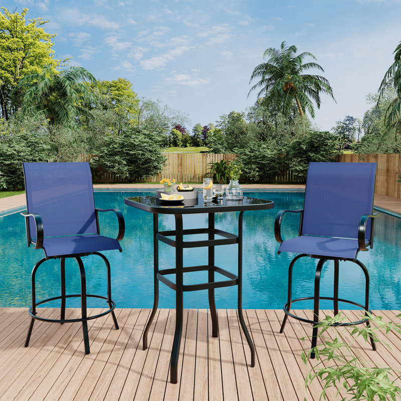 3 Piece Patio Swivel Bar Sets, 3PCS Outdoor High Top Bar Set With 2 Outdoor Swivel Chairs And Glass Bar Table