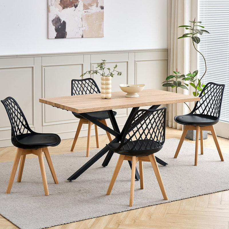 Dining Chairs - Nordic Style Dining Chair - Mesh Backrest - Solid Wood Legs, Black, Set Of 6 