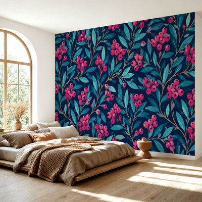 Wall Mural Peel and Stick Wallpaper Seamless Red Berries Green Leaves Dark Blue Self-Adhesive Removable Contact Paper Wall Decor for Living Room Bedroom 69"H x 96"W