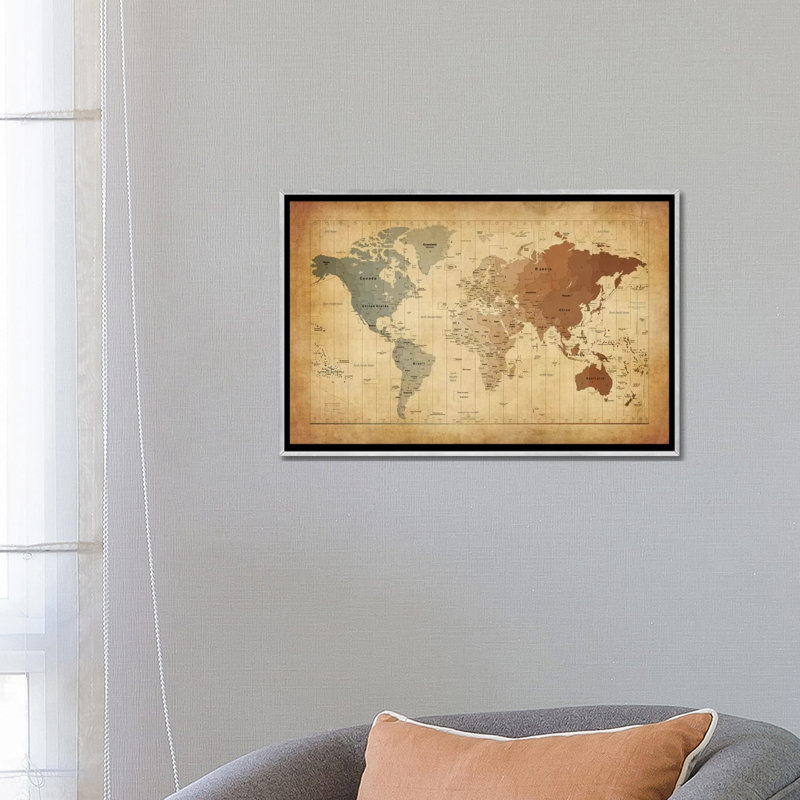 « map of the world iii » par michael tompsett-impression sur image, Toile avec cadre argenté, H 18 po x l 26 po x P 1,5 po