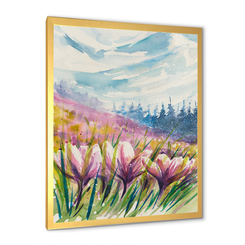 «Crocuses Meadow In Abstract Mountains», art mural traditionnel sur toile, Toile avec cadre photo doré
