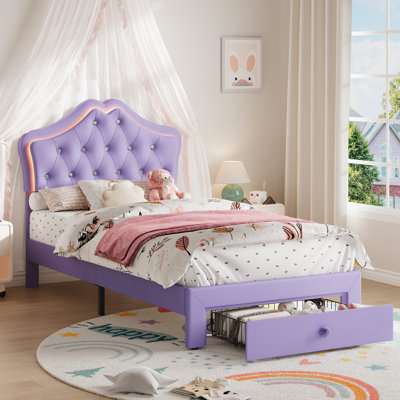 LED Crystal Tufted Velvet Upholstered Bed Frame – Storage Drawer, Noise-Free Slats, No Box Spring Needed, Modern Kids & Teens Furniture, Easy Assembly, Twin Size, Purple