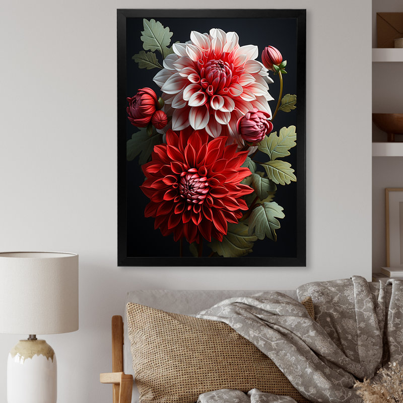 Rouge et vert Dahlia Bouquet Harmony I - Dahlia Wall Art, Cadre photo noir simple, H 32 po x l 16 po x P 1 po