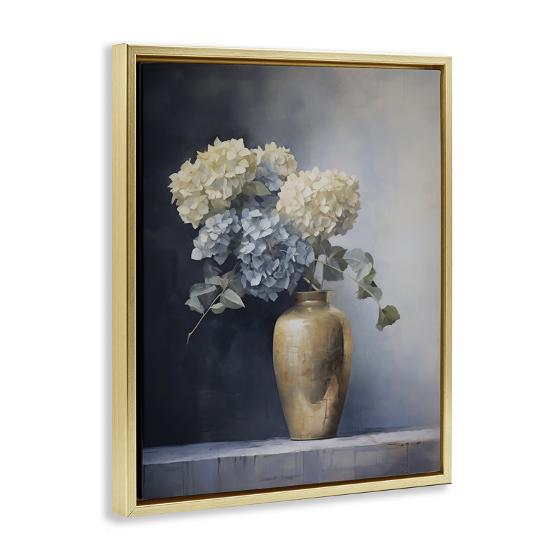 Subtle Hydrangeas in Vase Floating Frame, design by Arlington Prints, 21" H x 17" W, Metallic Gold Floater Frame
