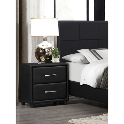 Table de chevet noire en similicuir avec 2 tiroirs et poignées argentées pour chambre à coucher moderne avec 2 poignées élégantes
