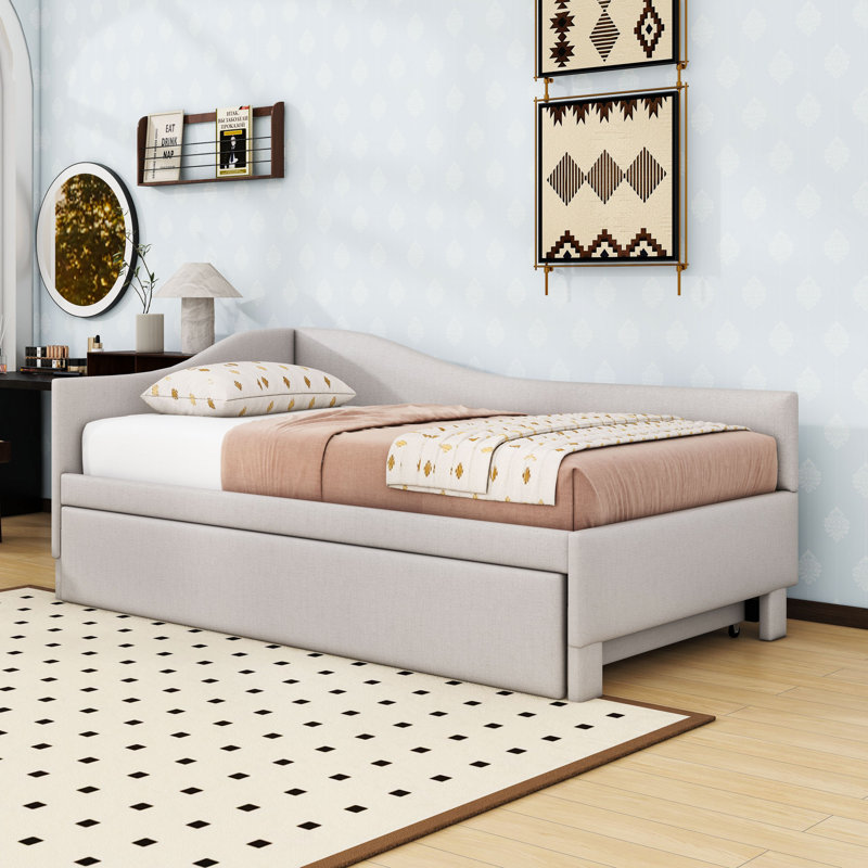 Upholstered Daybed with Trundle, Beige