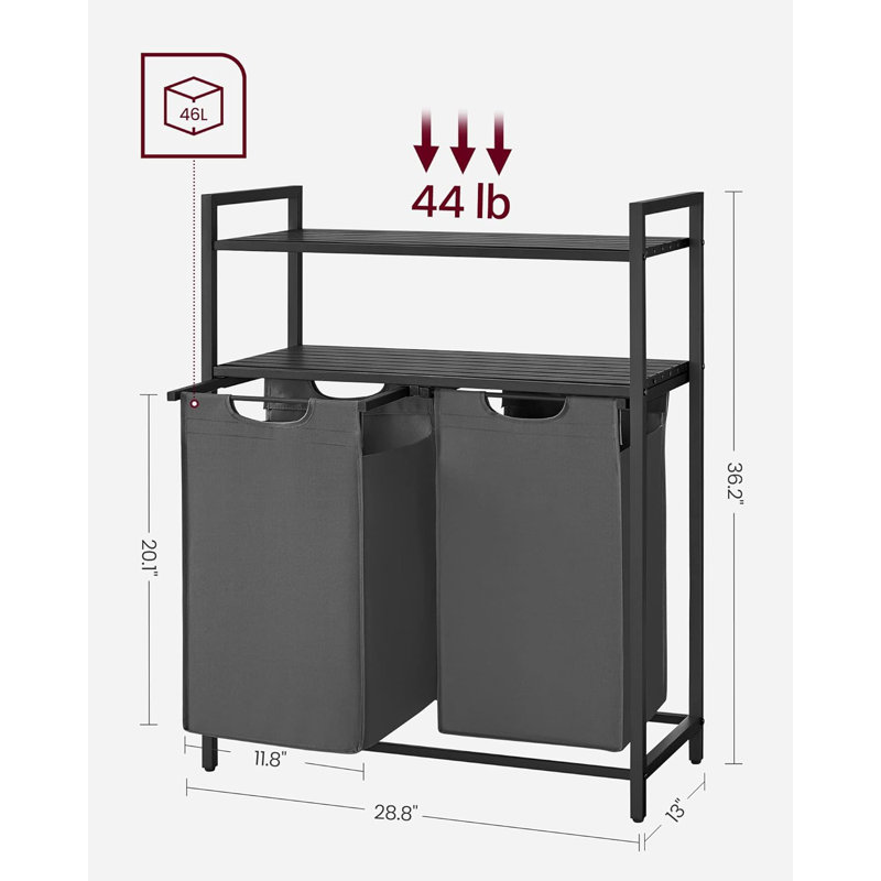 Laundry Hamper, Laundry Basket With 2 Pull-Out And Removable Bags, 2 Shelves, 12 Gallons (46 L) Capacity Per Bag, Black And Gray