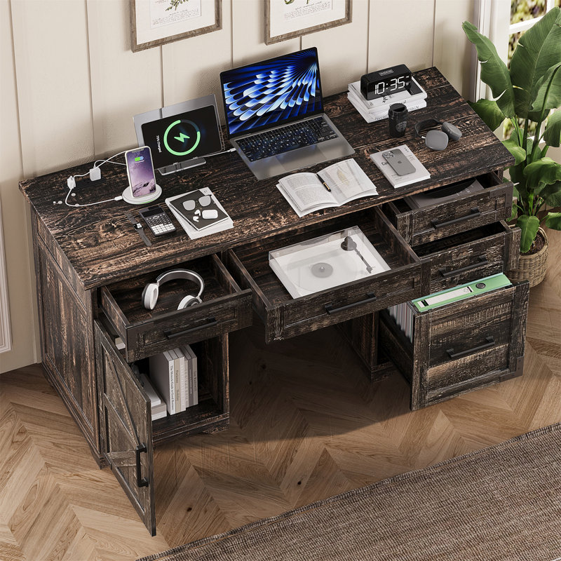 Bureau de direction de style champêtre avec station de recharge, tiroir à dossiers suspendus et armoire ajustable