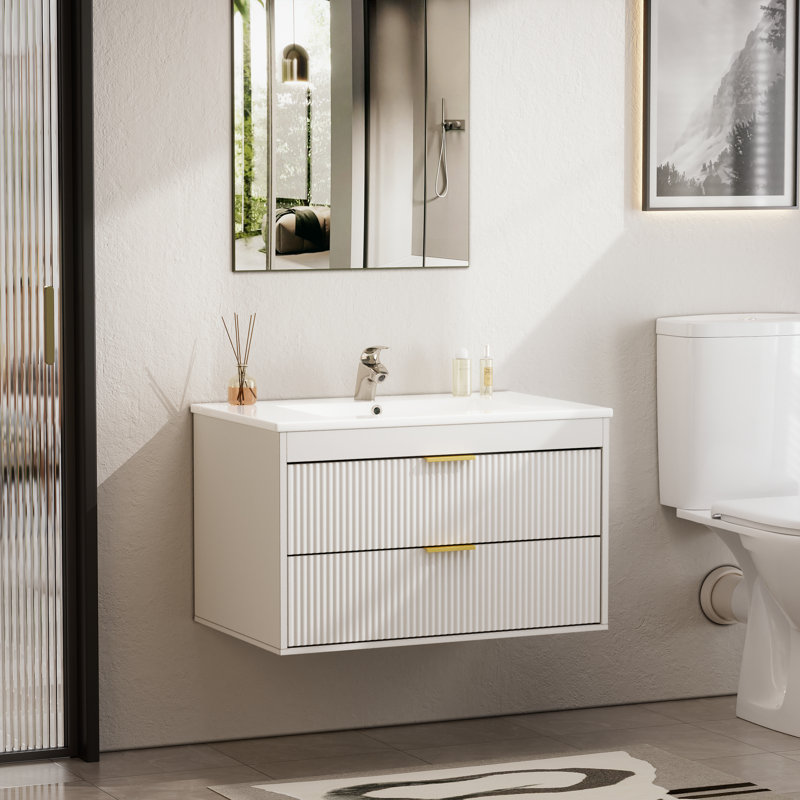 30" Bathroom Vanity With Sink And Drawers, Wall Mounted Floating Cabinet With Storage, 2 Drawers And Ceramic Sink