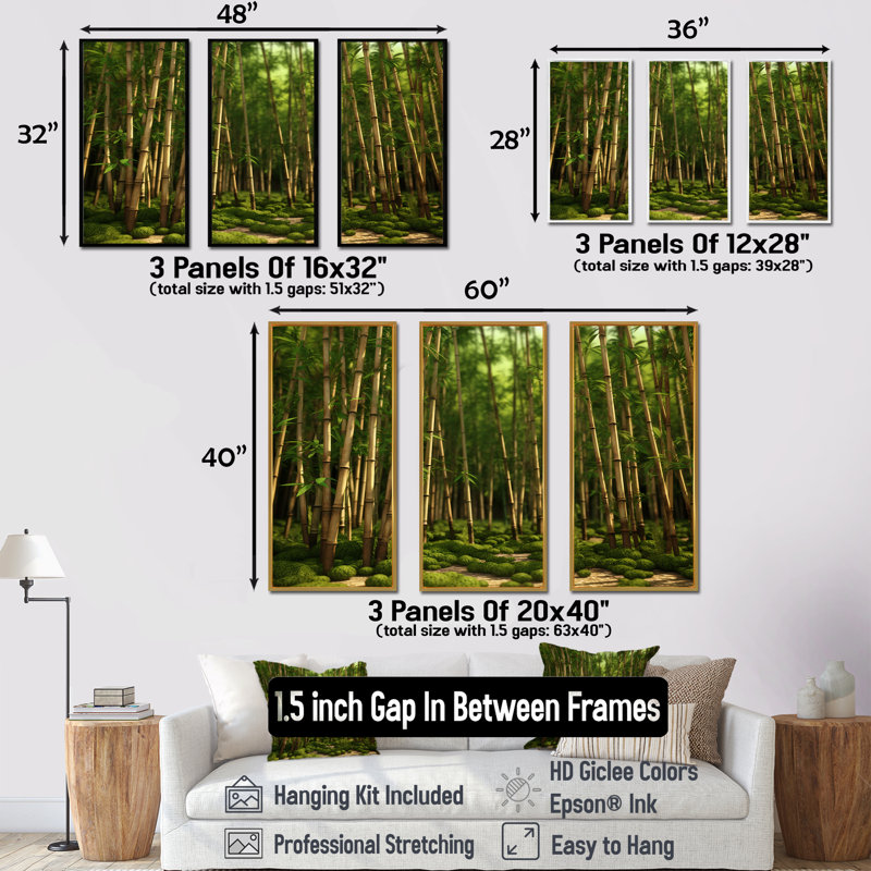 «Dynamic Light Bamboo Grove», ensemble d'art sur toile en bambou, Cadre flottant noir, H 40 po x l 60 po x P 1 po