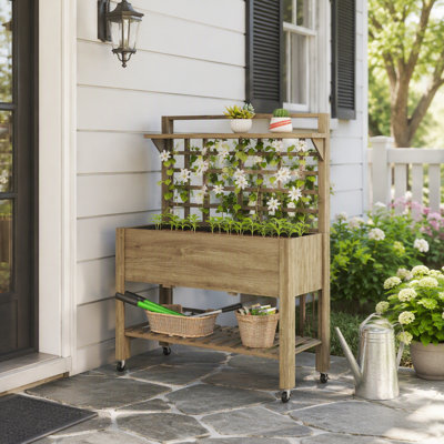 Lit de jardin surélevé mobile en bois avec treillis et rangement à plusieurs niveaux pour un jardinage ergonomique