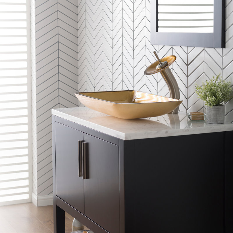 Lavabo de salle de bain vasque rectangulaire en verre Galaxy avec robinet, Nickel satiné, Perle dorée
