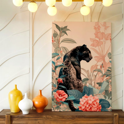 Black Panther Floral Botanical Print Pink Flowers Jungle Decor Poster Canvas Wall Art Print, Black Pink Botanical Floral Artwork For Living Room Bedroom Office, Hallway Gallery Wall,