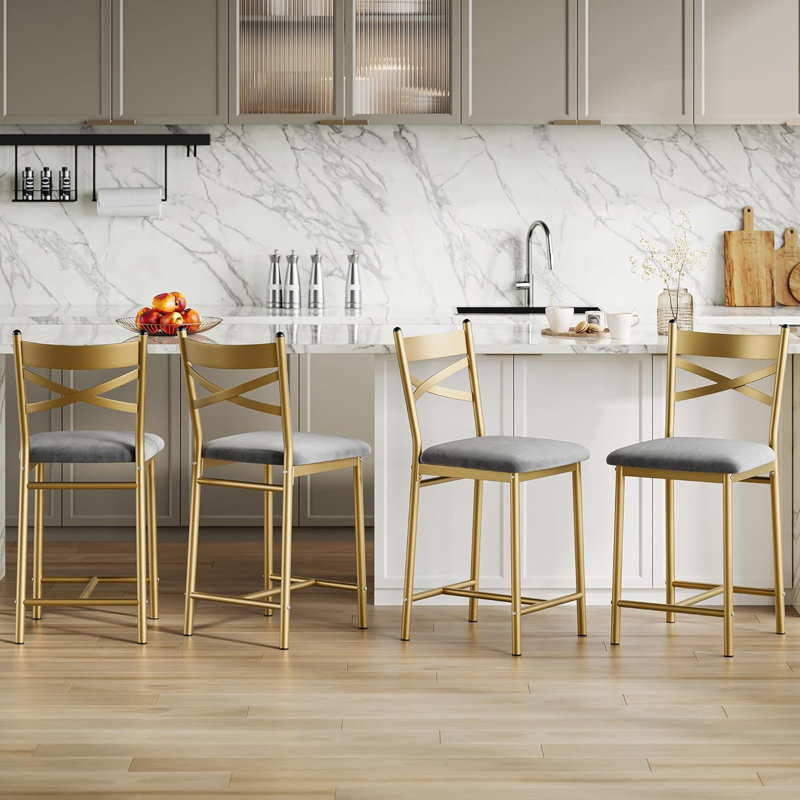 22" Counter Height Bar Stools Set of 4, PU Seat, Metal Frame, X-Back, Kitchen Island, Gold, Gray, 4, Gold