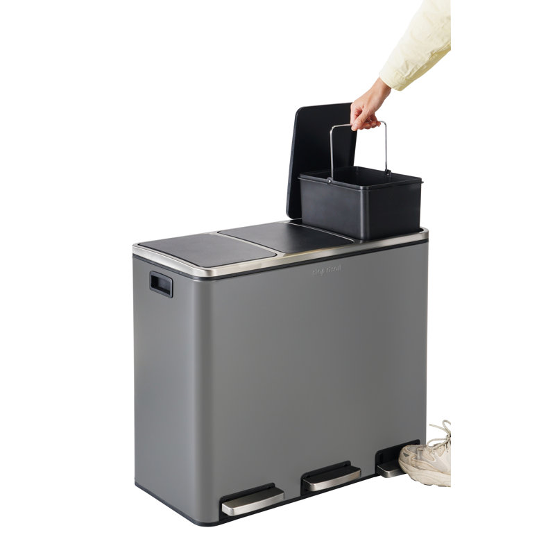 The Step N' Sort, 3X18l, 3-Compartment Trash And Recycling Bin With Slow Close Lid And Removable Inner Bins, Black, 16, Grey