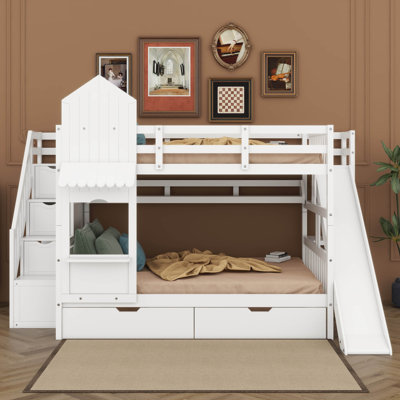 Lit superposé double au-dessus de double avec escalier et glissade, lit superposé en bois avec tiroirs et tablettes, lit superposé de style château