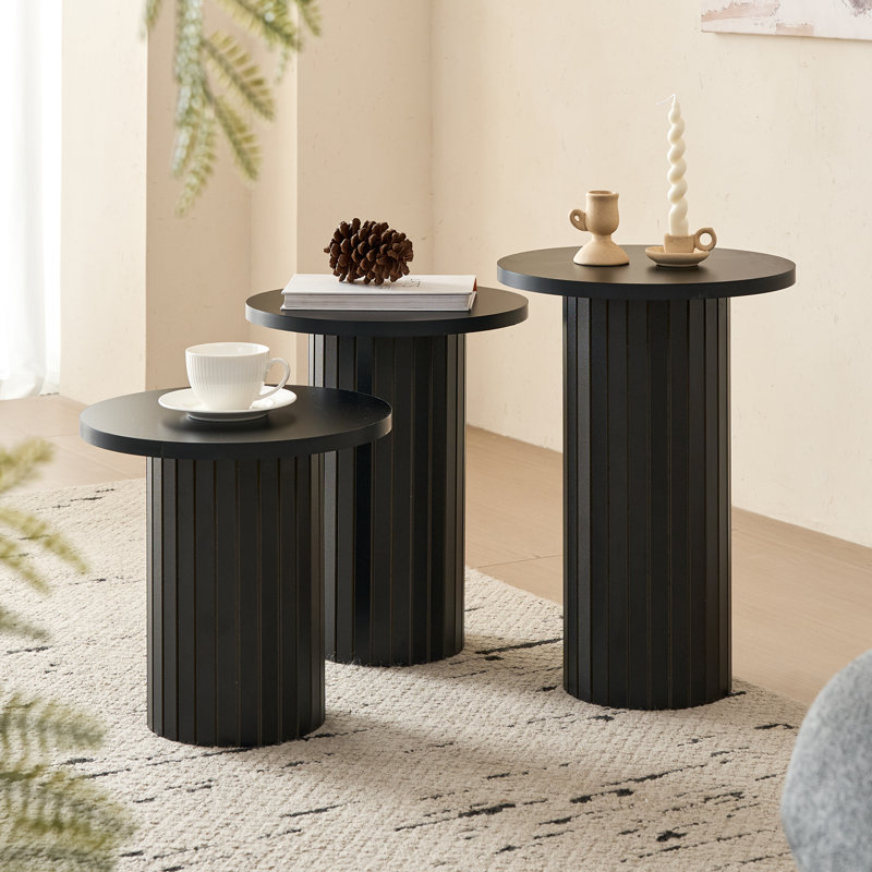 3-Piece Modern Round Nesting Table Set, Groove Line Cylinder Bases with Wood-Grain Veneer, Black