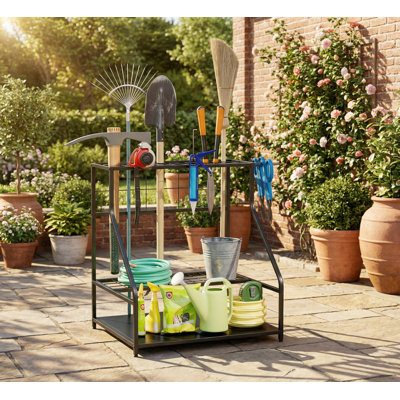 Garden Tool Organizer,3-Tier Yard Tool Storage Rack,with Hooks for Long-Handled,Broom,Shovel