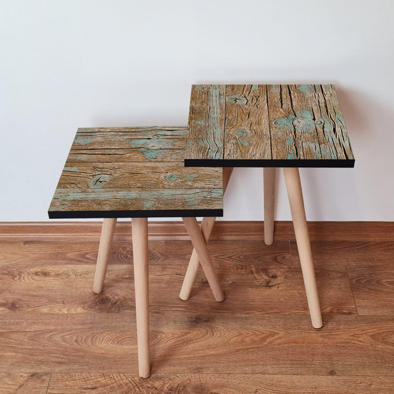 Ensemble de tables gigognes rustiques (2 pièces), brun et bleu, 13,8 x 18,5 x 13,8 pouces | 100% panneau de fibres à densité moyenne avec pieds en bois de hêtre, épaisseur: 0,7 pouce | Élégant et fonctionnel pour le salon, le bureau personnel ou les espaces d'étude