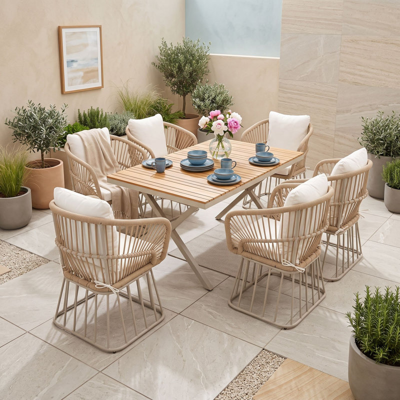 Ensemble repas d'extérieur 7 pièces avec table rectangulaire, 6 fauteuils rembourrés, meubles de patio à structure en acier