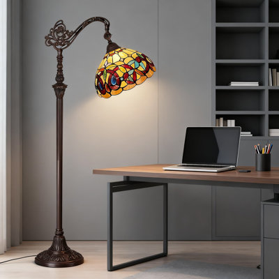 Lampe sur pied de style Tiffany avec abat-jour en verre coloré, conception à col-de-cygne réglable de 62 pouces de hauteur pour le salon et la chambre à coucher, incrustation de cristal victorien