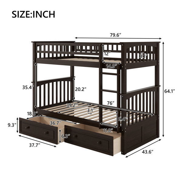 Ivy Bronx Solid Wood Twin over Twin Bunk Bed with Storage Drawers ...
