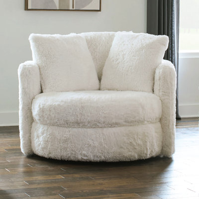 White Chenille Contemporary Accent Chair Featuring Track Arms, Loose Back Pillow, 49 Inches Wide And Deep, 38 High, 90 Pound, Swivel Capability, 1pc Only Style Curved Pillow Back, Wide, Lb, Mechanism,