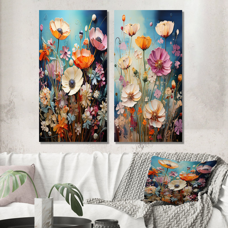 «Whimsical Meadows Flowers Collage», ensemble de 2 reproductions d'art sur toile florales, Toile tendue, H 28 po x l 25 po