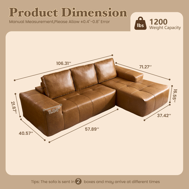 Bonelesss 114'' Modern Faux Leather Sectional Sofa With L-Shaped Chaise, Deep Seat Modular Couch For Living Room Or Bedroom, Upholstered Sofa, No Assembly Needed