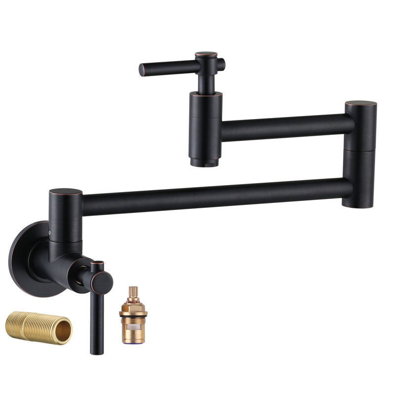 Brass Wall Mounted Two-Handle Pot Filler Kitchen Faucet with Double Joint Swing Arm, Oil Rubbed Bronze