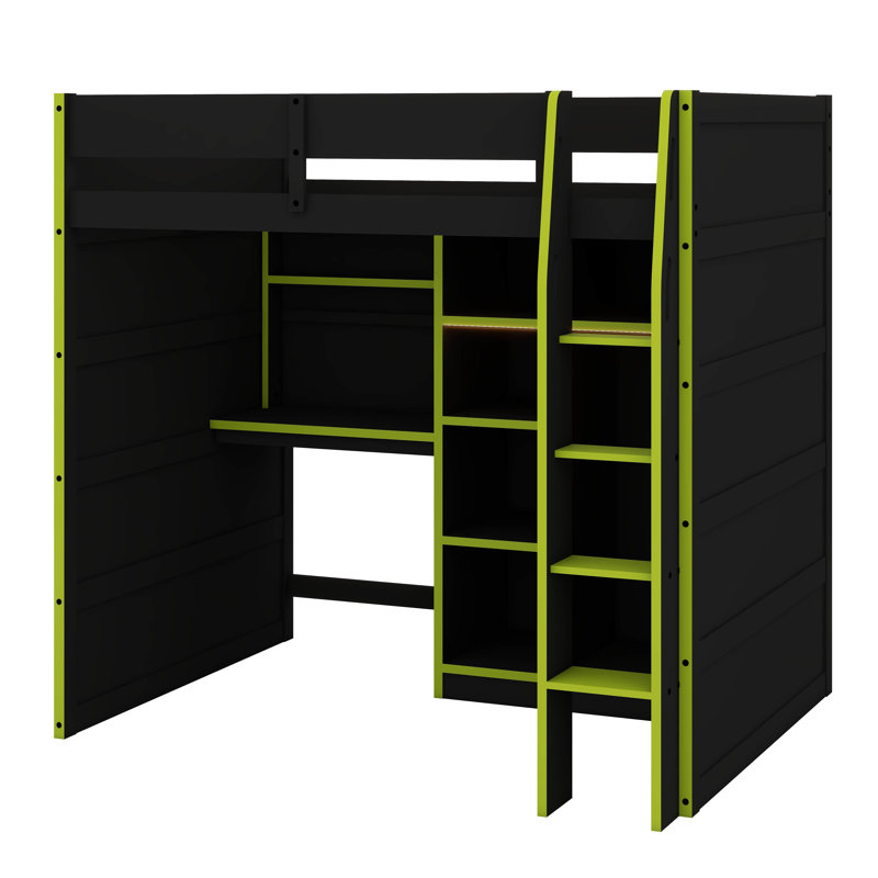 Full Size Wooden Loft Bed – Integrated Desk, Open Wardrobe, Storage Compartments & RGB Lights, Green