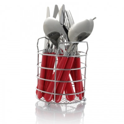 Gibson Sensations Ii 16 Piece Stainless Steel Flatware Set With Black Handles And Chrome Caddy