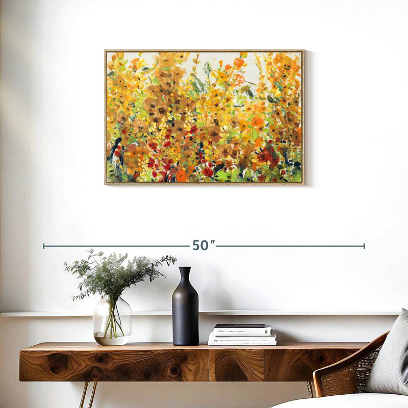 Golden Summer Garden I, 31 po x 21 po, Cadre flottant en bois naturel