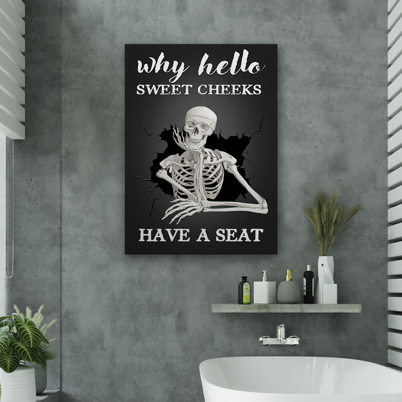 A Skeleton - Pourquoi, bonjour, ayez un siège, toile tendue avec châssis - décor d'illustration de salle de bain et de lessive, décor de salle de bain noir et blanc