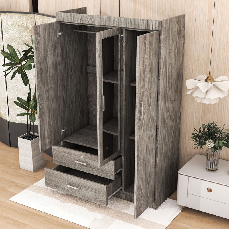 Elegant 3-Door Armoire Wardrobe with Storage Shelves, Lockable Drawer and Full-Length Mirror, Gray