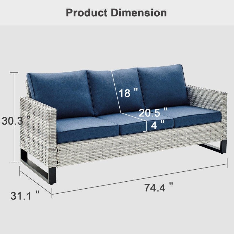 Ingvald 74.4'' Wide Outdoor Rectangle Patio Sofa with Cushions, Navy Blue/Light Gray