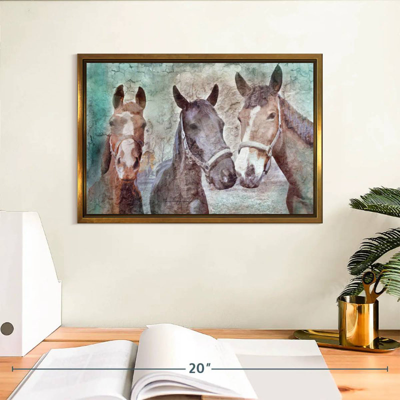 Trois chevaux voisins, Cadre flottant doré, 13 po x 9 po