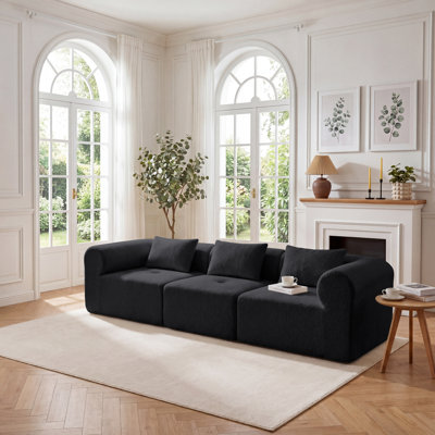 105.44" Modern Modular 3 Pics Bouclé Sectional Sofa with Pocket Spring, Compression Roll-Pack Bouclé Fabric Upholstered Couch with 3 Matching Pillows, Removable Washable Cover, No Assembly Required, Beige/Black/Gray