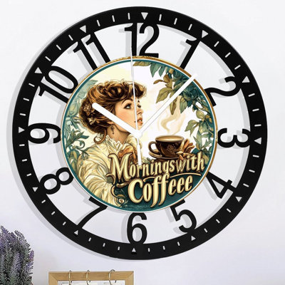 Metal Wall Clock for Living Room -10" Morningswith Coffeee Coffee Cup Silent Non Ticking,Battery Operated, Antique Clocks for Farmhouse,Bedroom,Kitchen - Arabic Numerals