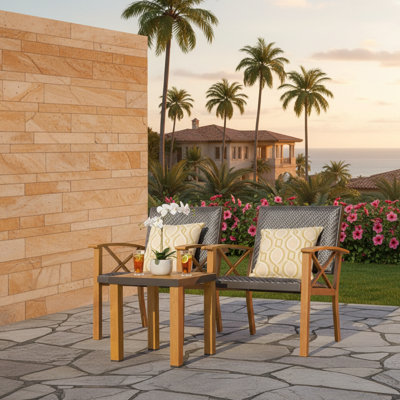 Ensemble bistro de patio 3 pièces avec osier en aluminium à grain de bois, chaises rembourrées et coussins imperméables pour une détente en plein air
