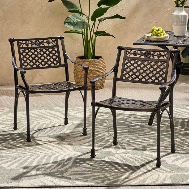 Chaise de patio en fonte d'aluminium, hauteur 80 cm, largeur 61 cm, profondeur 55 cm, couleur bronze, motif floral.