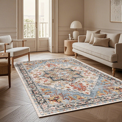 Vintage Persian Area Rug, Bohemian Indoor Outdoor Carpet with Colorful Floral Medallion Pattern, Washable Durable Rug for Living Room, Hallway, Bedroom, Patio