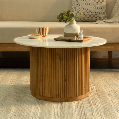 Elena Marble Top Coffee Table with Solid Wood Fluted Base