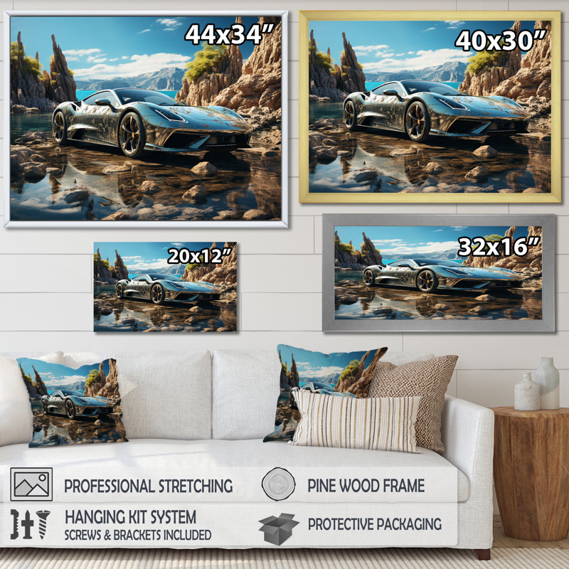 «Glass Car By The Beach I», reproduction sur toile, H 30 po x l 40 po x P 1,5 po, Cadre simple argenté