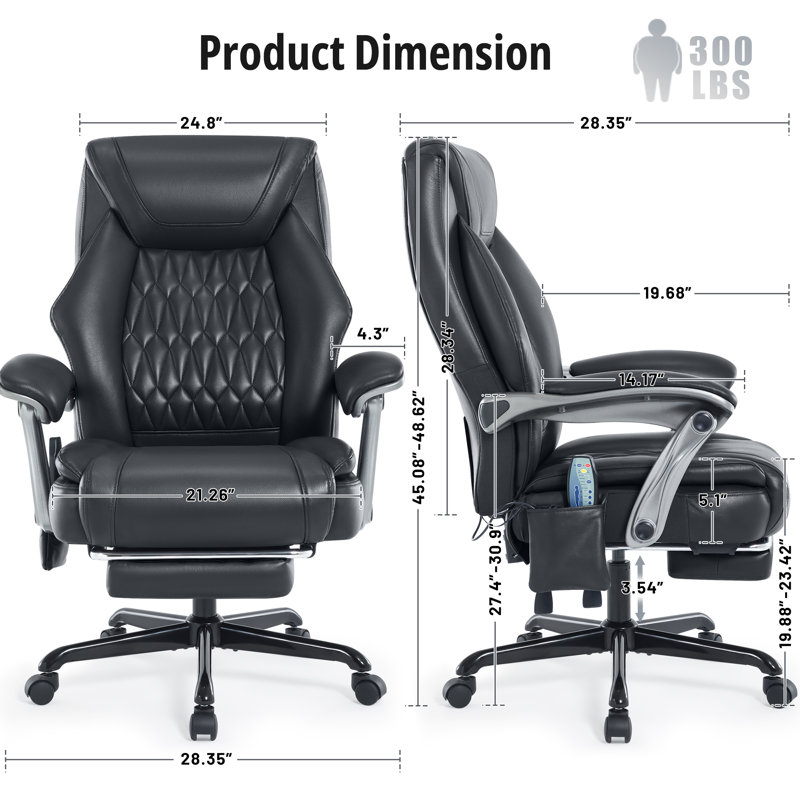 Heated Massage Executive Office Chair with Footrest, Ergonomic PU Leather High Back Desk Chair, 135° Reclining Big and Tall Office Chair with Lumbar Support, Thick Cushion, 350 lb Capacity