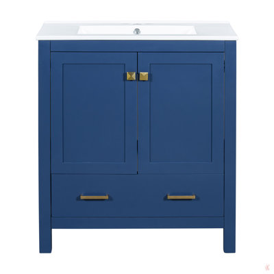 Meuble-lavabo de 30 po avec lavabo simple, meuble-lavabo encastré, armoire de rangement avec 2 portes et un tiroir, fermeture en douceur, rangement multifonctionnel, structure en bois massif