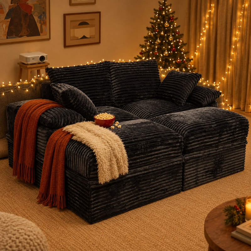 Causeuse modulaire en velours côtelé de 71 po avec rangement sous le siège et repose-pieds, canapé modulaire à assise profonde