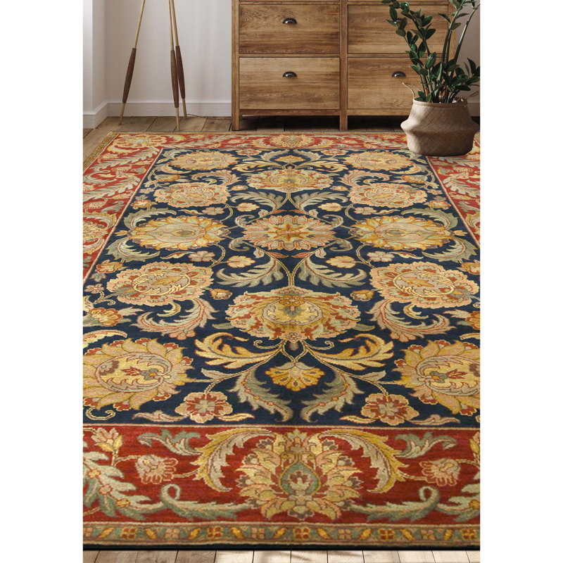 Hand Knotted Wool Oriental Area Rug in Blue And Red